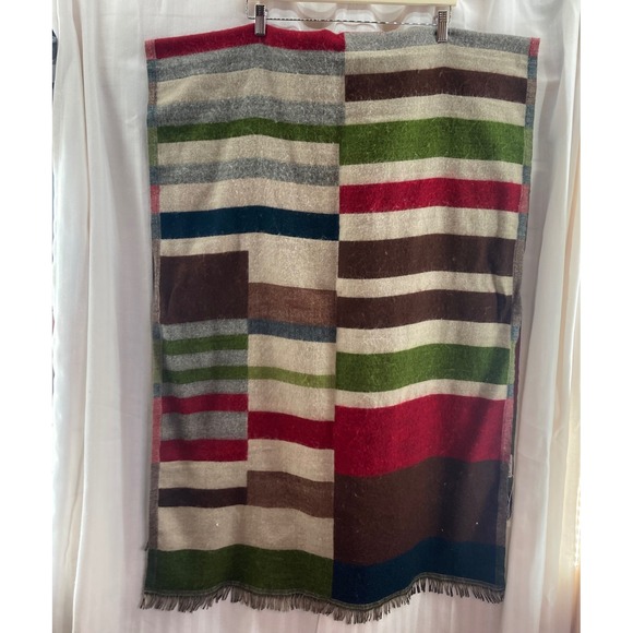 Natura Striped Wool Blend Scarf Shawl Wrap Fringe Beige Red Green Blue Brown - Picture 5 of 7